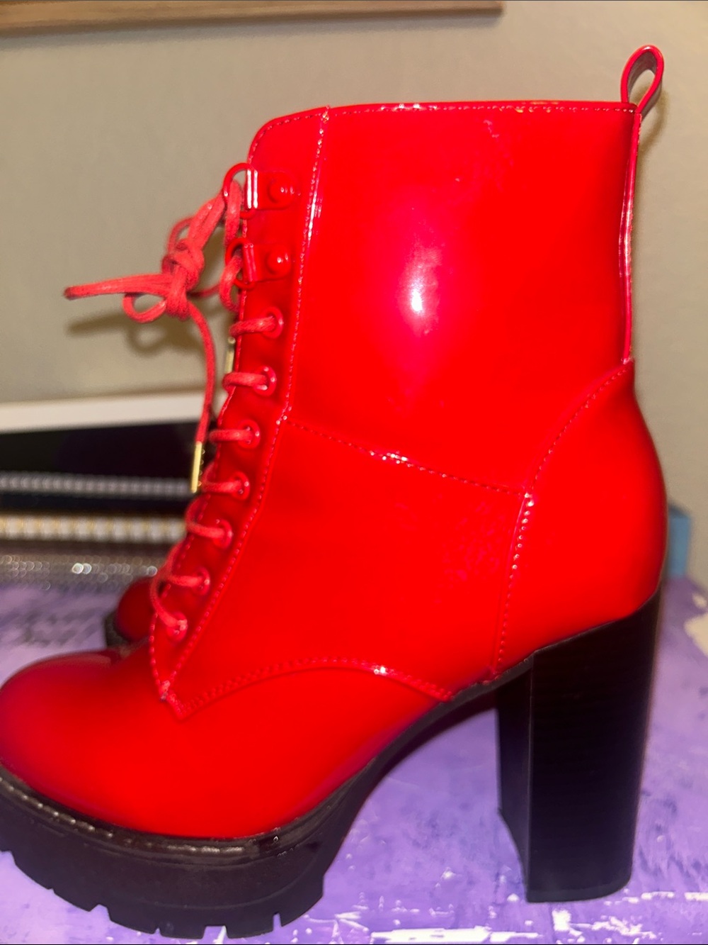 Patent Red Lace-Up Platform Ankle Boots